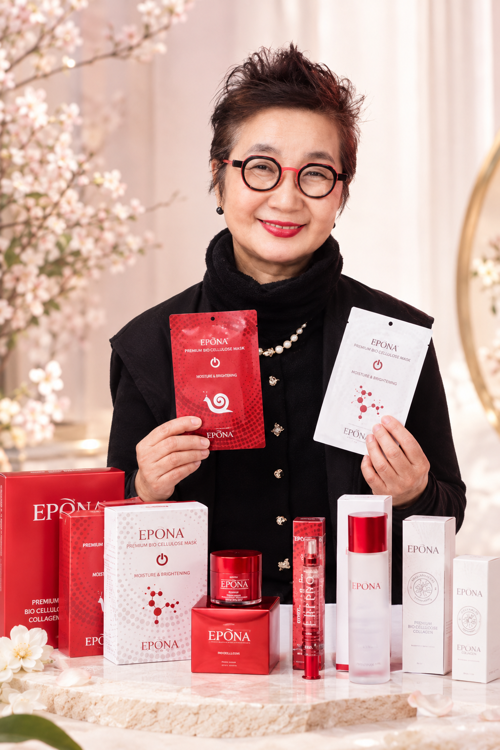 Modella coreana con prodotti The Pure Lotus e COCAPS distribuiti da Marbò